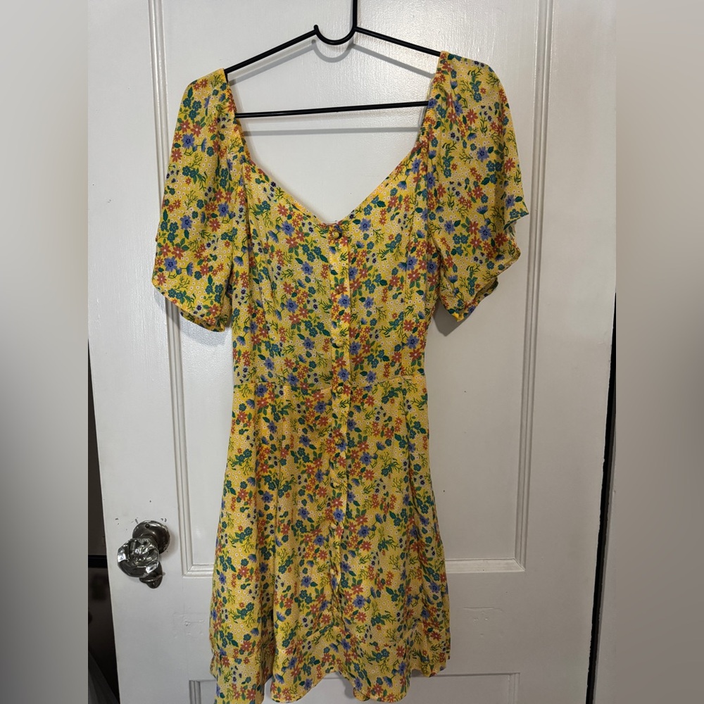 Sienna Sky Yellow Floral Midi Dress with Puff Sleeves